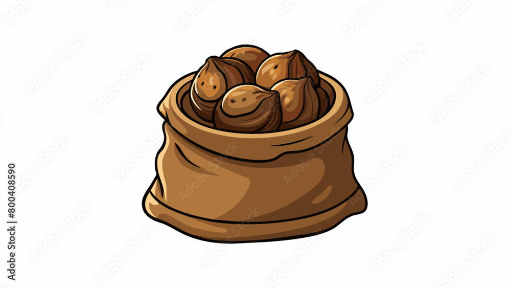 Poster Three small round nuts with a dark mottled shell tucked inside a burlap bag. The shells are smooth but slightly rough to the touch and they have a. Cartoon Vector.