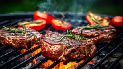Juicy steaks on a BBQ grill with vegetables and smoke, capturing the essence of summer outdoor dining