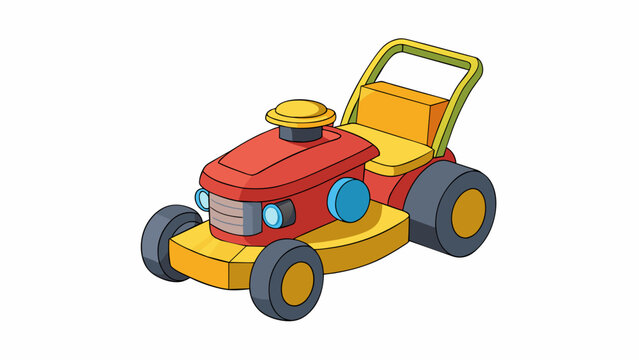This toy lawn mower is made of durable yellow and red plastic and resembles a rideon tractor. It has a small steering wheel and a seat for the child. Cartoon Vector.