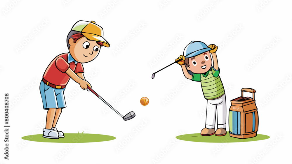Poster With a smooth swing the golfer strikes the ball sending it soaring through the air. The distinctive ping sound of the club hitting the ball echoes. Cartoon Vector.