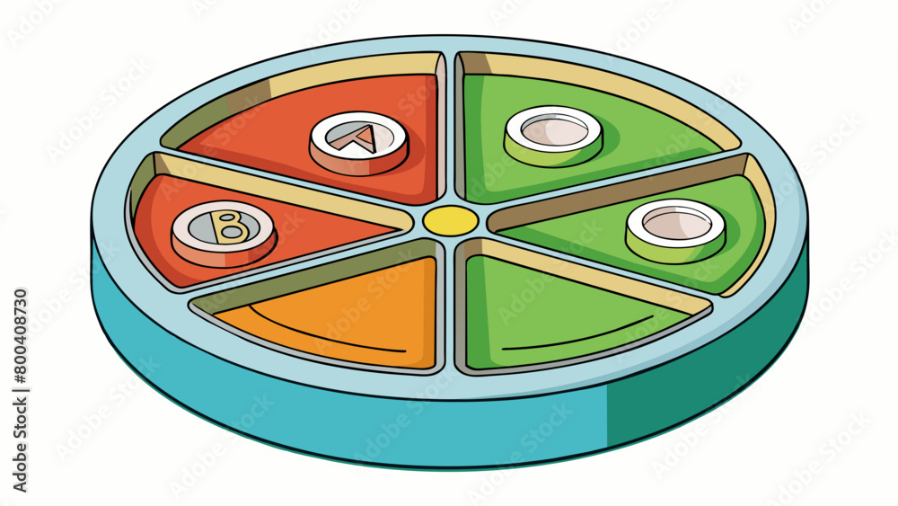 Poster A 3sectioned dish with raised spokes resembling a wheel. Each section is labeled A B and C and is designed for holding different samples. The raised. Cartoon Vector.
