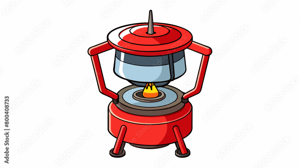 Poster With its bright red exterior the backpacking stove stands out against the natural backdrop of the forest. It is designed to be windproof with a. Cartoon Vector.