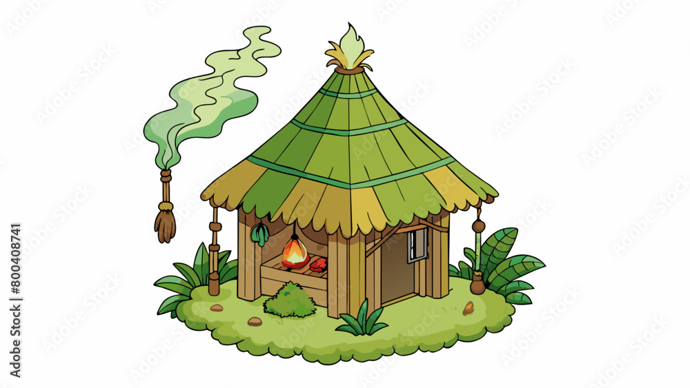 Poster within the depths of a forest a small hut stands seemingly untouched by time. the roof is adorned wi