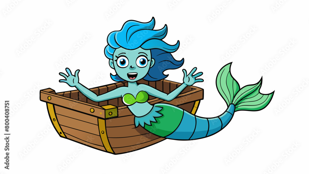 Poster With webbed fingers and scintillating bluegreen skin a mermaid gracefully glides through a sunken ship searching for hidden treasures a the wreckage.. Cartoon Vector.