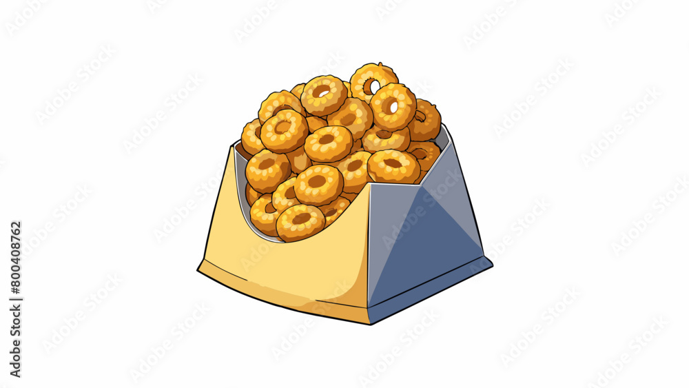 Poster A bag of small crispy circles that resemble tiny donuts. The circles are tan in color with a sugary glaze and have a satisfying crunch when eaten with. Cartoon Vector.