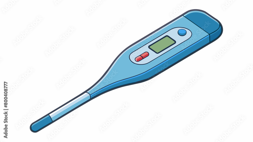 Fototapete A basic forehead thermometer with a plastic probe and an LCD screen display. The probe is p on the forehead and the temperature is quickly read and. Cartoon Vector.