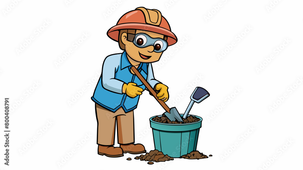 Poster a biologist is shoveling dirt into a large plastic bucket sifting through it with a small hand trowe