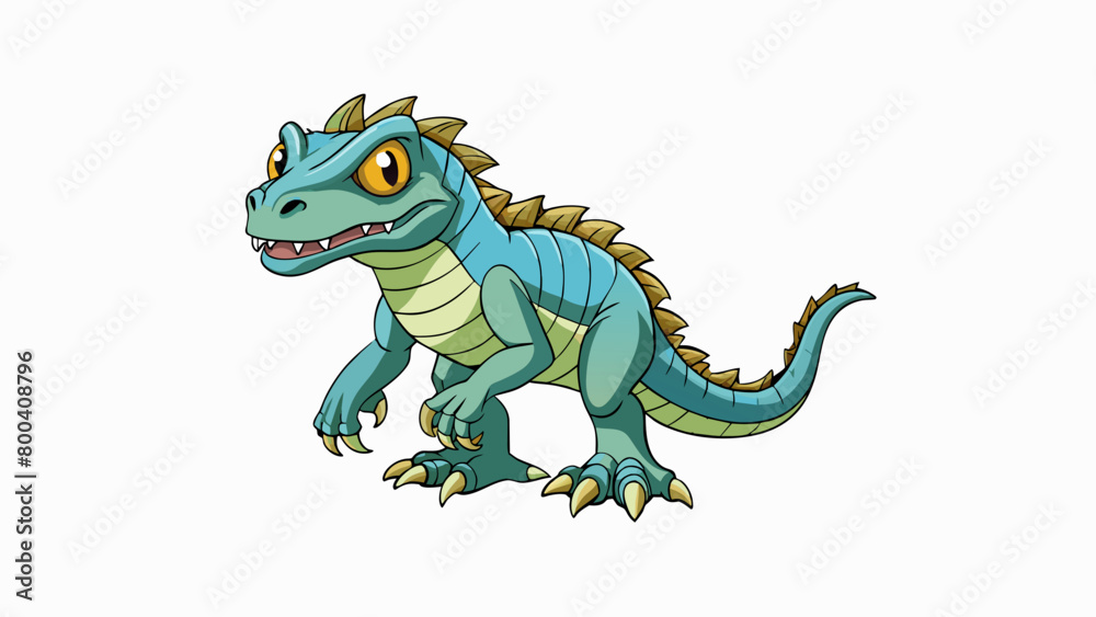 Aufkleber A bipedal creature with rough scaly skin and a long slike tail. Its reptilian face is adorned with sharp teeth and a forked tongue and its four arms. Cartoon Vector.