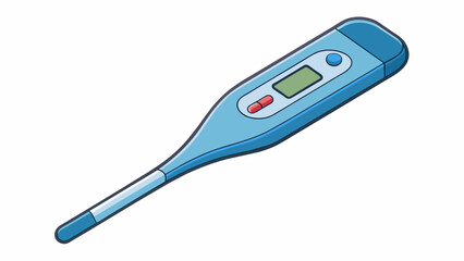 A basic forehead thermometer with a plastic probe and an LCD screen display. The probe is p on the forehead and the temperature is quickly read and. Cartoon Vector.