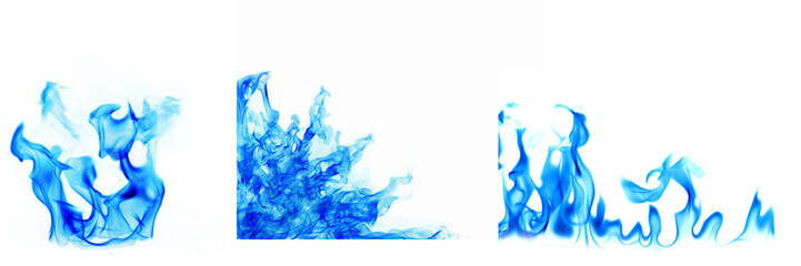 Set of elegance blue fire flames. White background