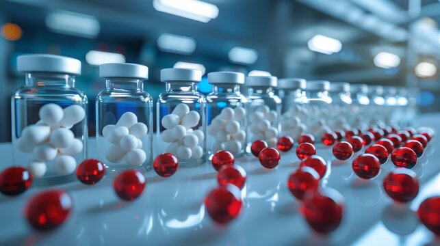 Advanced pharmaceuticals in research lab with rows of capsules and vials showcasing modern medicine