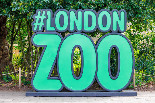 London, UK - 26 April 2024: The hastag London Zoo sign inside the ZSL Conservation zoo. Visitors are encouraged to pose here and take selfies for social media sites such as Instagram and Tic Tok.