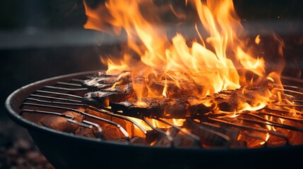 Charcoal grill in full force, meat sizzling over coals, embodying the spirit of summer barbecues