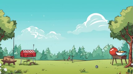 A lively outdoor picnic scene in a sunny park with a classic red barbecue grill ready for a cookout