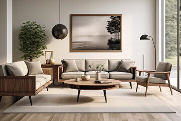 Interior of a modern living room with Mid-Century modern style.