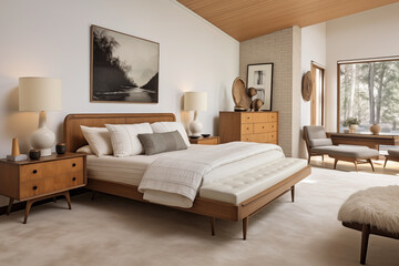 Interior of a modern bedroom with Mid-Century style.