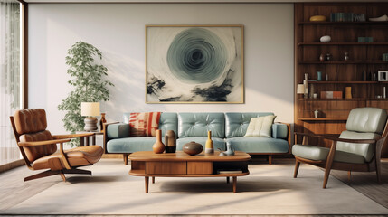 Interior of a modern living room with Mid-Century modern style.
