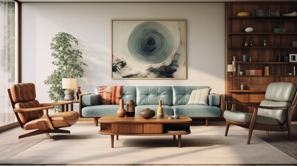 Fototapeta premium Interior of a modern living room with Mid-Century modern style.
