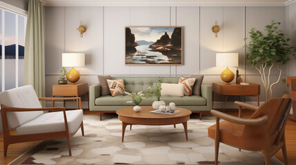 Fototapeta na wymiar Interior of a modern living room with Mid-Century modern style.