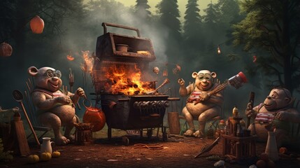 Three cartoon bears enjoy grilling meat on a barbecue in a mystical forest scene with ambient lighting and flying lanterns