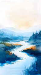 A soothing watercolor painting of a peaceful river flowing gently through a minimalist landscape.


