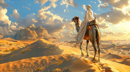 Camel silhouetted against sunset sky on desert sand dune - Powered by Adobe