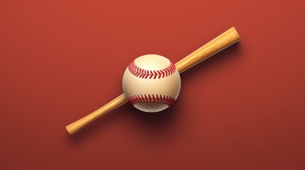 The stark red background highlights a perfectly placed baseball and bat, a minimalist's take on the sports theme