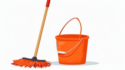 An illustration of a mop and bucket, isolated on a white background, presented as a vector illustration. - obrazy, fototapety, plakaty