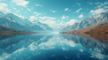 A beautiful mountain lake with a clear blue sky above