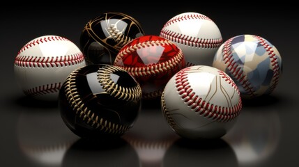 In an elegant setting, a variety of baseballs with artistic patterns are presented, showcasing creativity in sports