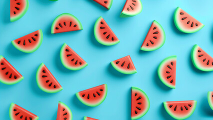 Flat Lay,3D Illustration, Frische Stücke von Wassermelonen auf türkisfarbenem Hintergrund verteilt, sommerliches Arrangement von Obst