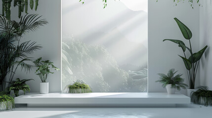 A white room with a large window and plants