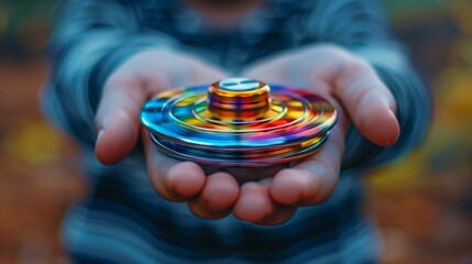 Child's Hand Holding Colorful Fidget Spinner, generative ai