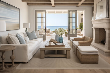 Luxurious Interior of a modern living room, views of the Mediterranean sea.