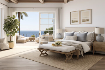 Fototapeta na wymiar Luxurious Interior of a modern bedroom, views of the Mediterranean sea.