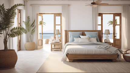 Luxurious Interior of a modern bedroom, views of the Mediterranean sea.