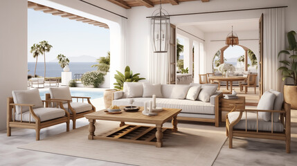 Luxurious Interior of a modern living room, views of the Mediterranean sea.