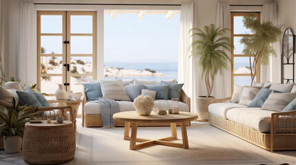 Luxurious Interior of a modern living room, views of the Mediterranean sea.