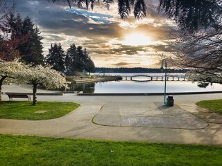 Nanaimo Maffeo sutton Park bridge in the morning, spring day, trees in bloom