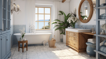 Luxurious Interior of a modern bathroom, views of the Mediterranean sea.