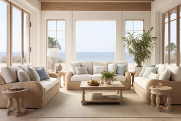 Fototapeta na wymiar Luxurious Interior of a modern living room, views of the Mediterranean sea.
