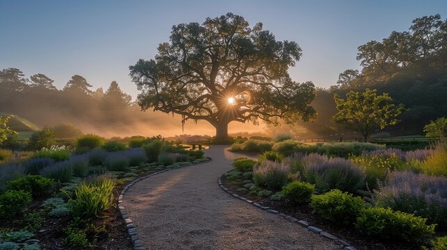 Golden Hour Illumination of Ancient Tree, generative ai