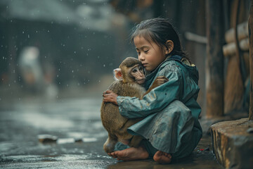 A girl hugs a monkey sadly in the heavy rain