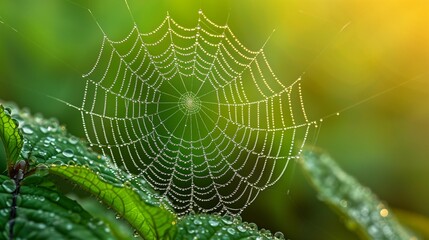 Symmetrical Beauty: Morning Dew Drops on Spider Web, generative ai