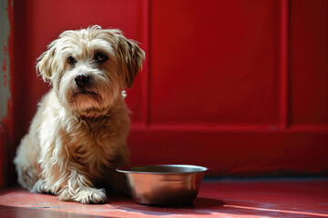 Yorkshire Terrier puppy wearing a red outfit, looking adorable and playful