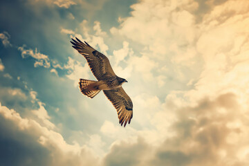A soaring eagle with wide wings flies high in a clear blue sky alongside a red-tailed hawk