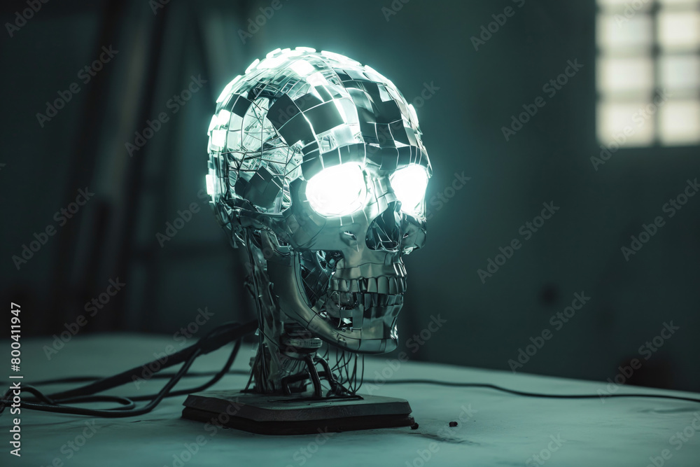 Wall mural Robot skull with neon eyes - Wall murals