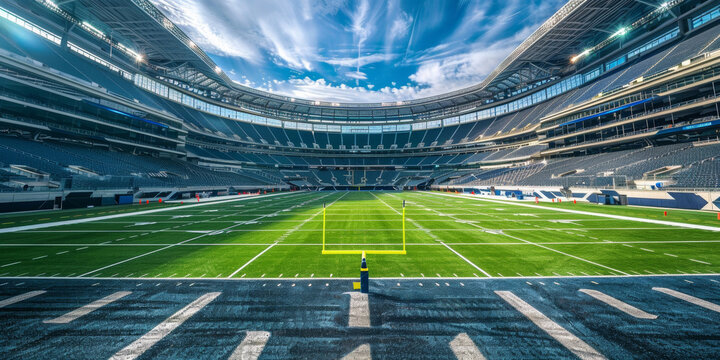 American football or rugby field. The stadium is empty and the field is freshly mowed.