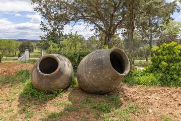 Large jars modeled in clay and traditionally used to store wine, water, oil or cereals with decorative use in the meadow of a farm in a country house