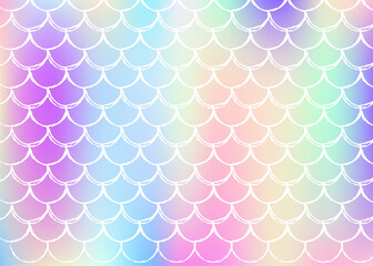 Holographic scale background with gradient mermaid. Bright color transitions. Fish tail banner and invitation. Underwater and sea pattern for girlie party. Pearlescent backdrop with holographic scale.
